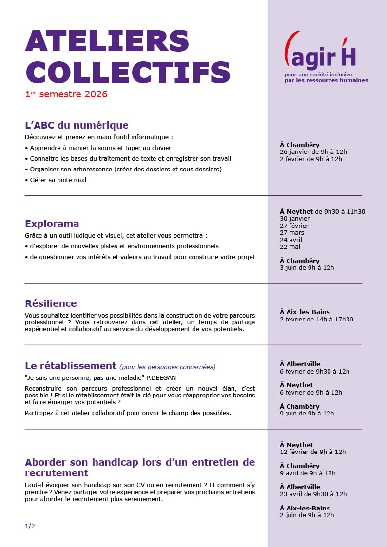 Ateliers collectifs premier semestre 2026 Ateliers collectifs premier semestre 2026